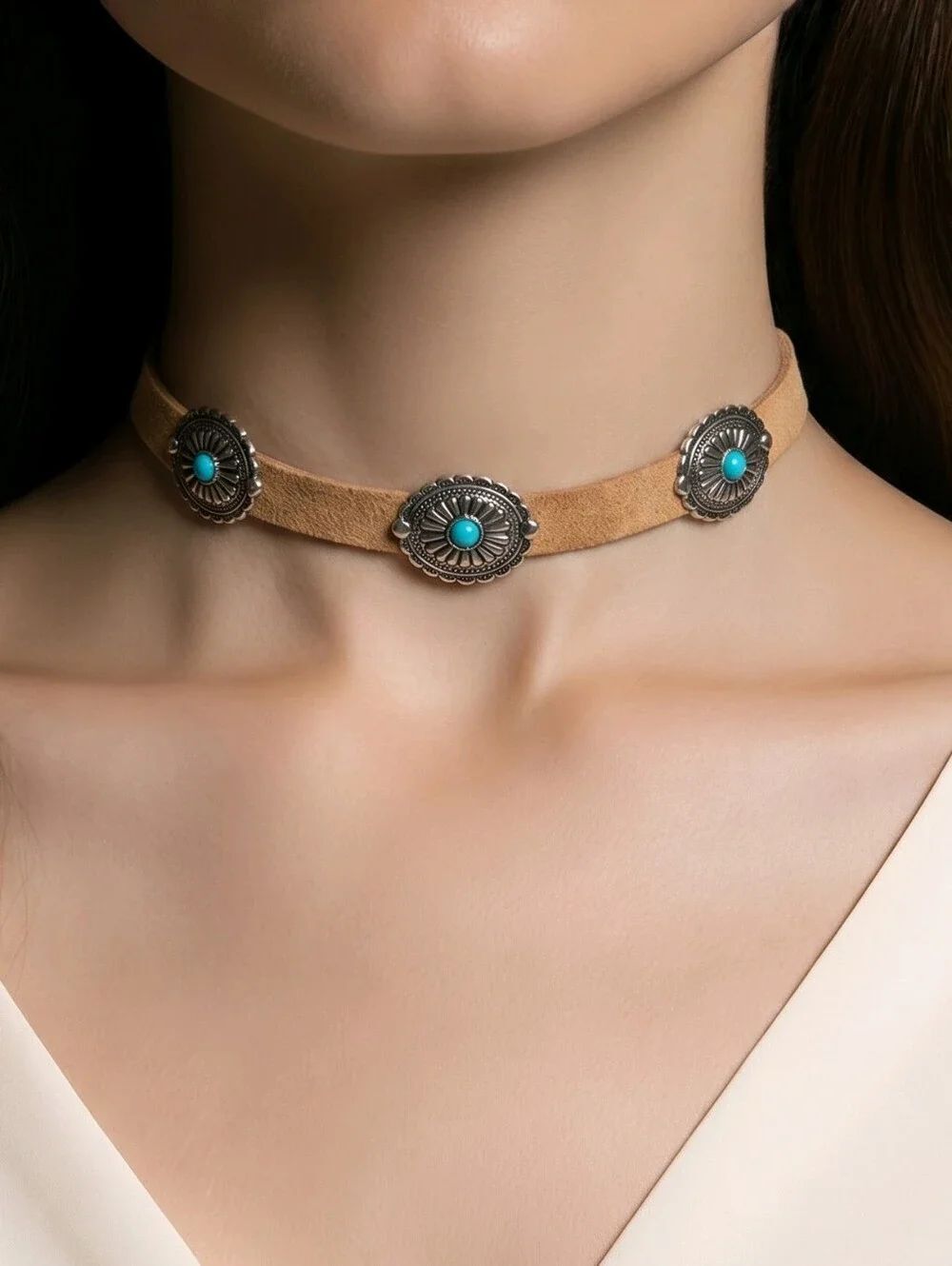 Turquoise Concho Choker Western Cowgirl Desert Boho Necklace Suede Rodeo Glam